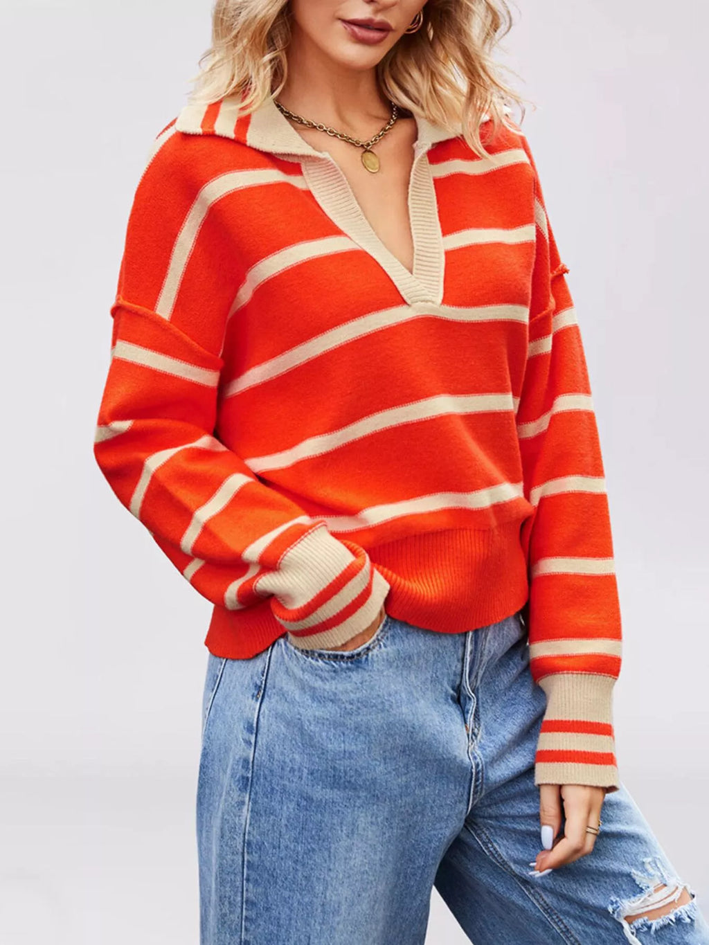 Striped Johnny Collar Dropped Shoulder Sweater (3)