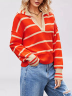 Striped Johnny Collar Dropped Shoulder Sweater (3)