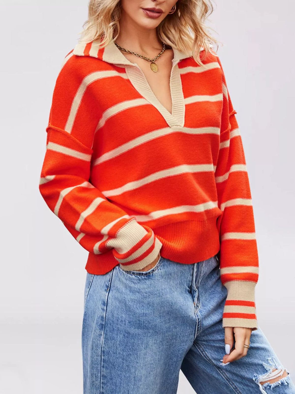 Striped Johnny Collar Dropped Shoulder Sweater (3)