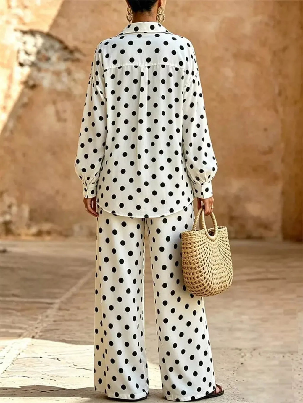 Full Size Polka Dot Shirt Wide-leg Pants Set Plus (2)