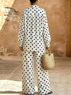 Full Size Polka Dot Shirt Wide-leg Pants Set Plus (2)