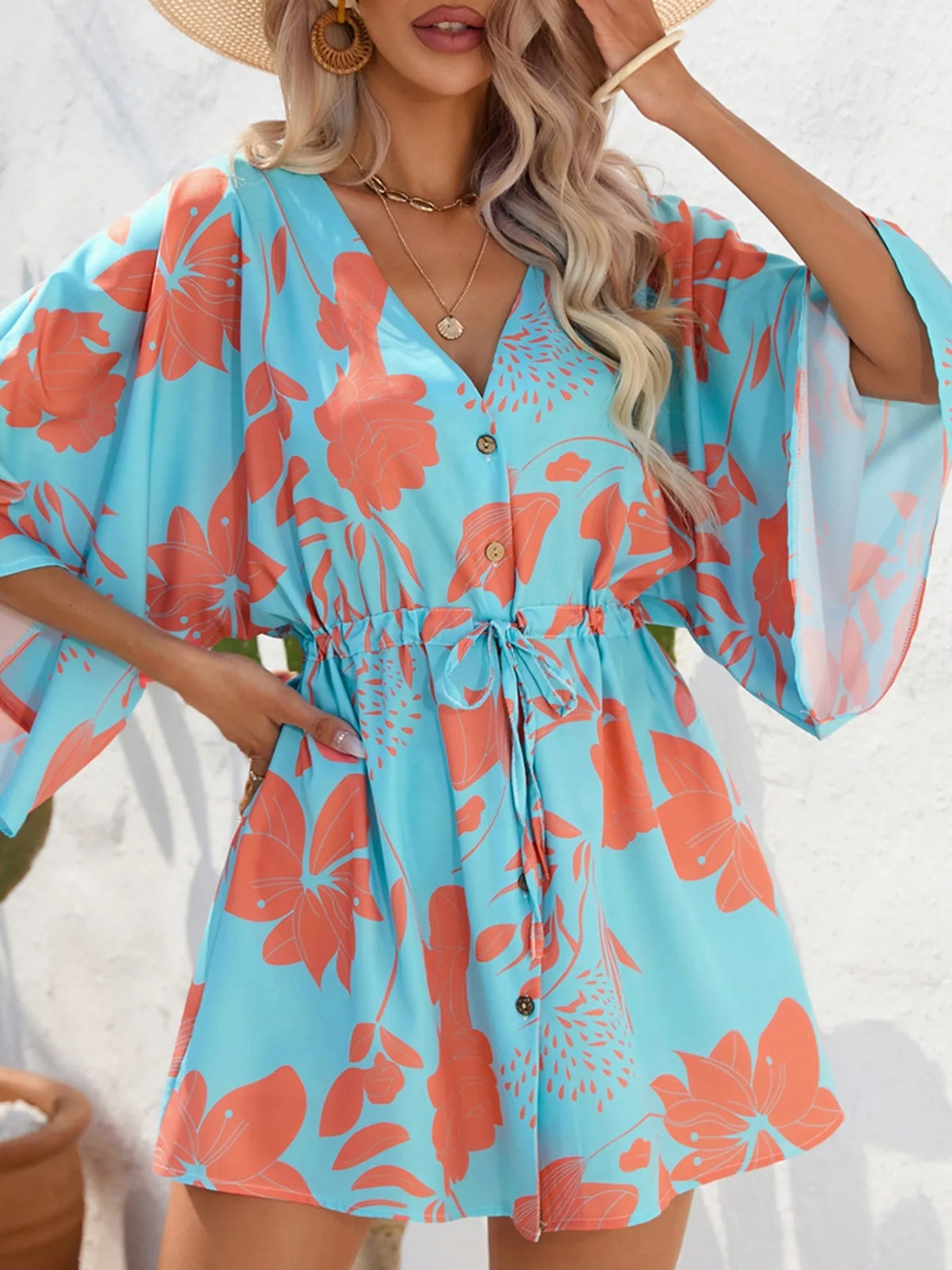 Block Drawstring Waist Button Up Dress (18)