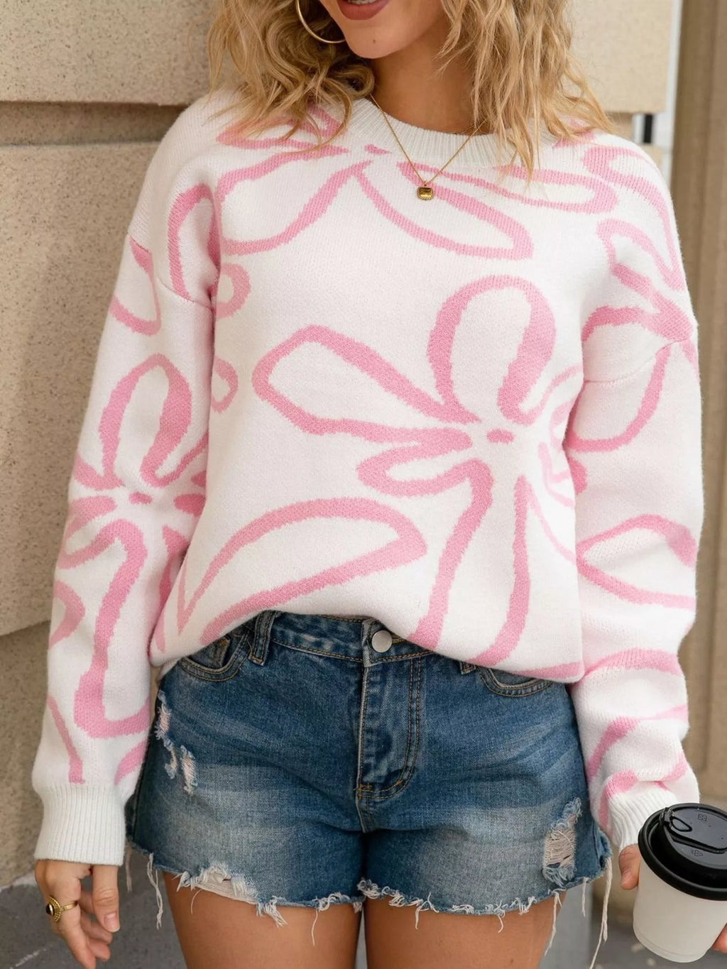 Flower Crew Neck Long Sleeve Sweater (3)