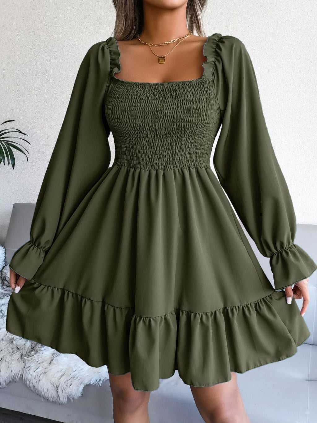 Smocked Flounce Sleeve Square Neck Dress (3)