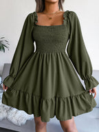 Smocked Flounce Sleeve Square Neck Dress (3)