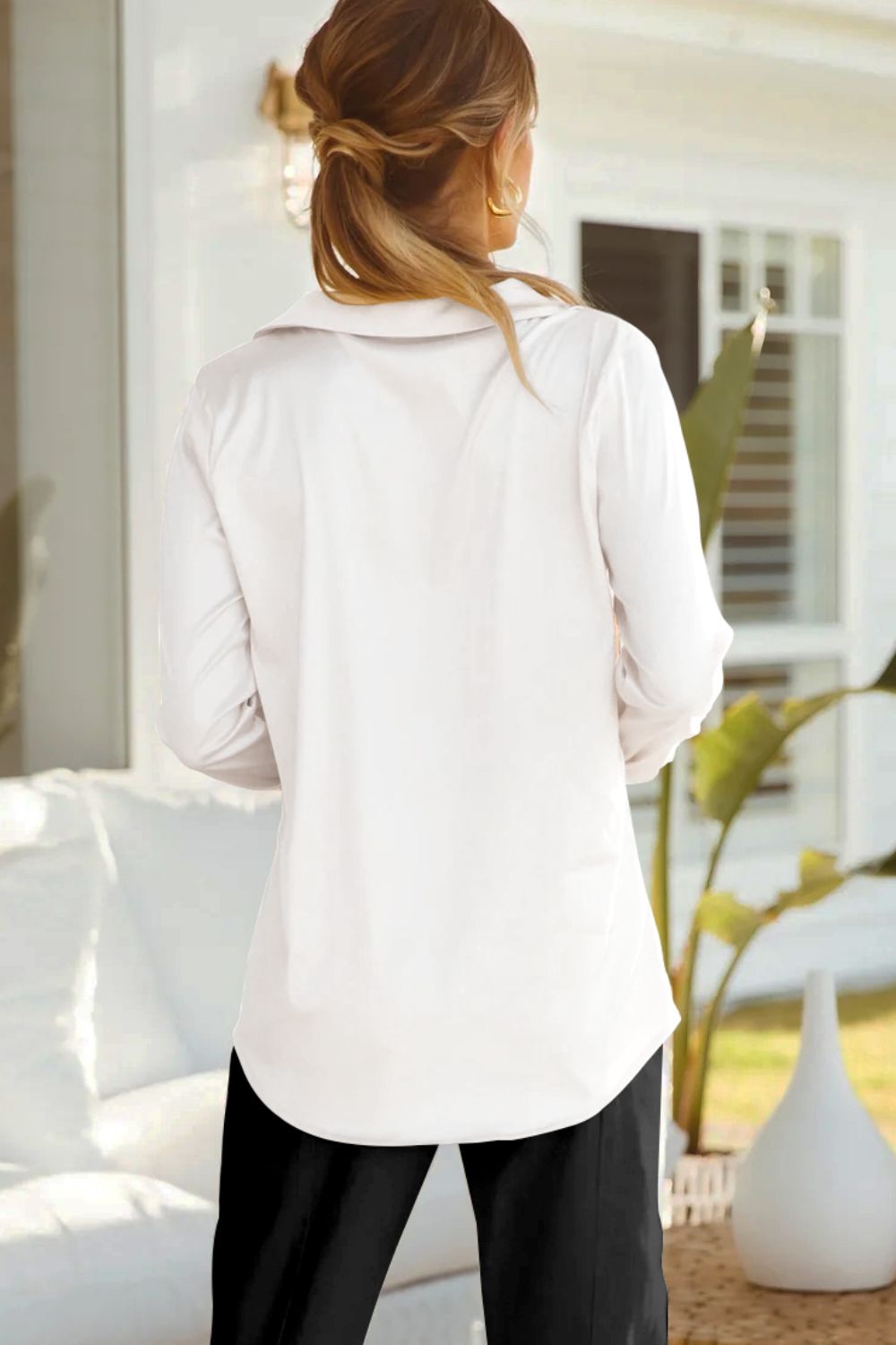 Lapel Collar Buttoned Puff Sleeve Shirt (11)