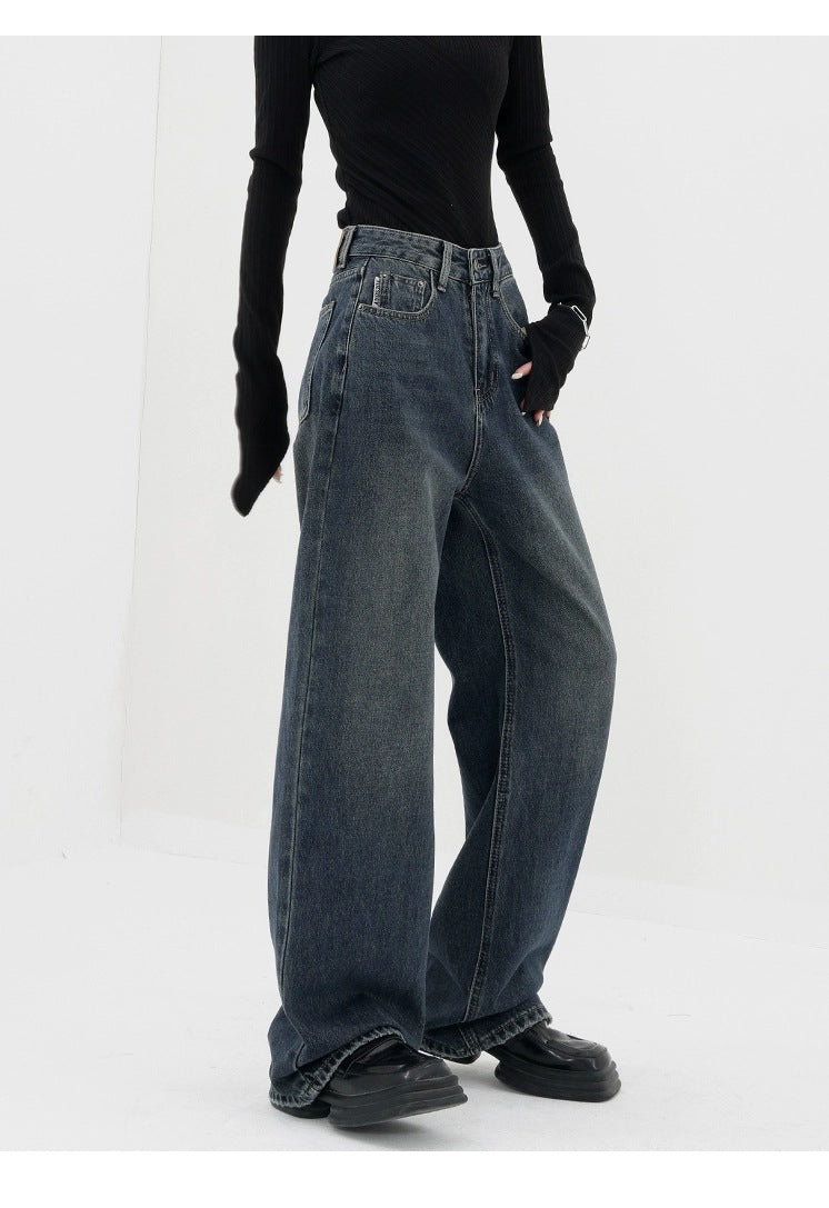 Retro Dark Blue Wide Leg Jeans Baggy Straight Trousers photo 17