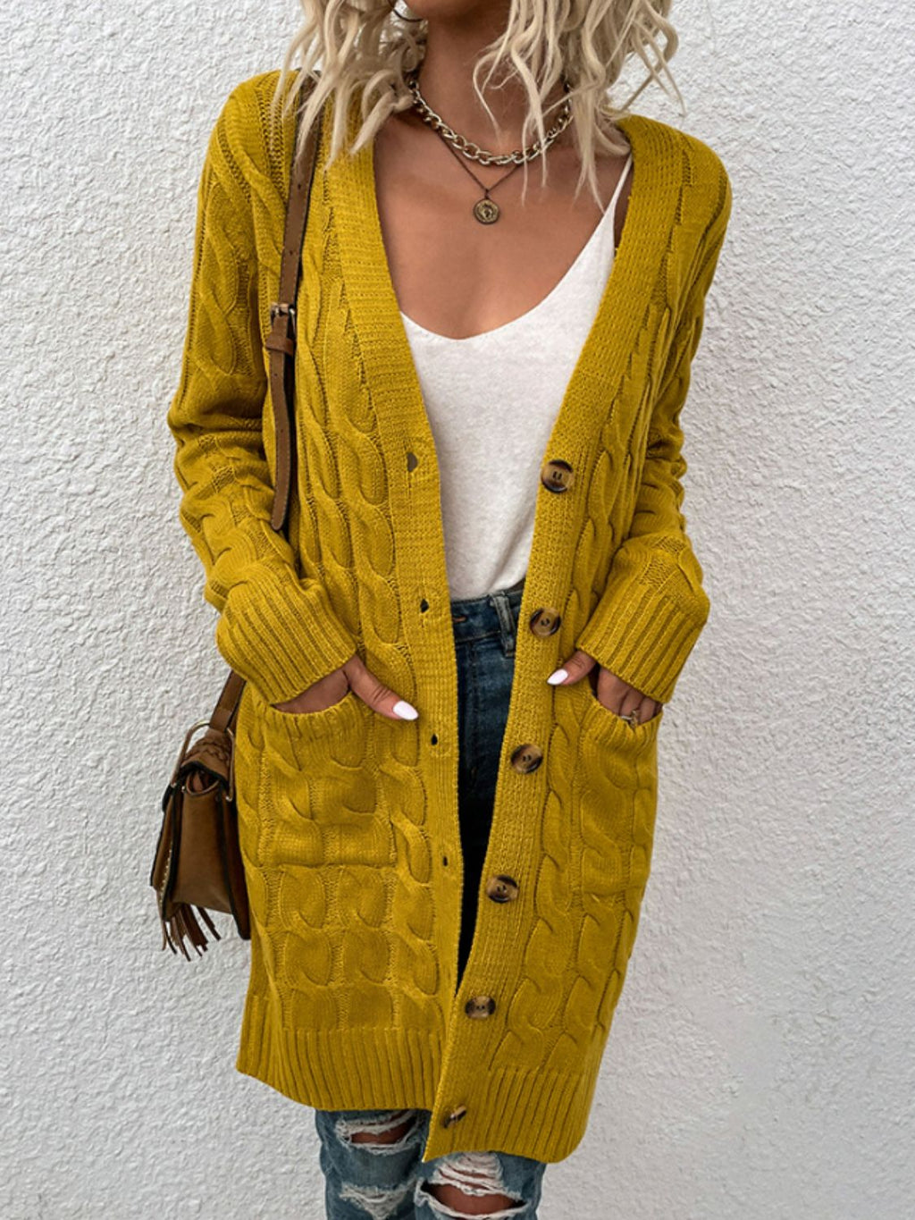 Cable-knit Button Down Cardigan Pockets (3)