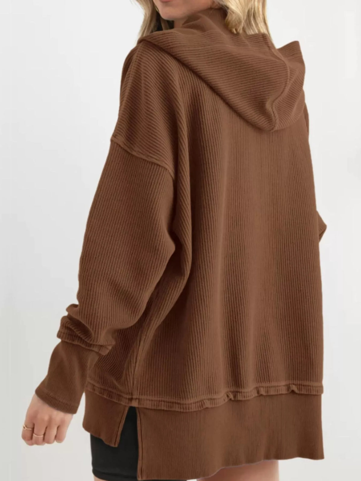 Full Size Snap Button Placket Dropped Shoulder Hoodie Plus (37)