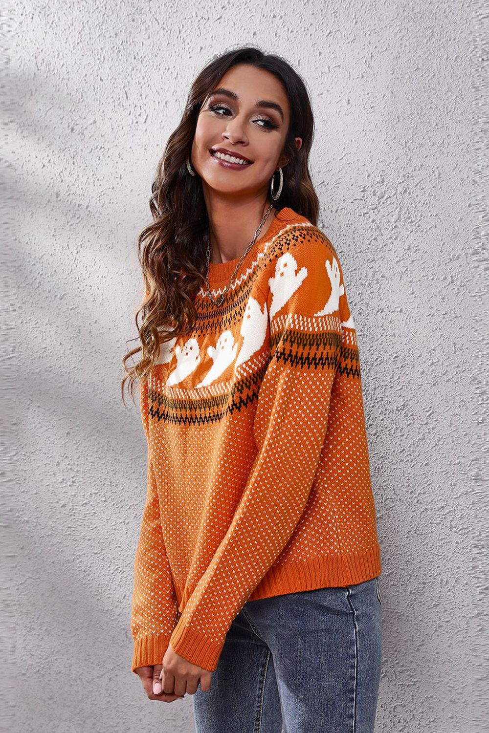 Ghost Pattern Round Neck Long Sleeve Sweater (14)