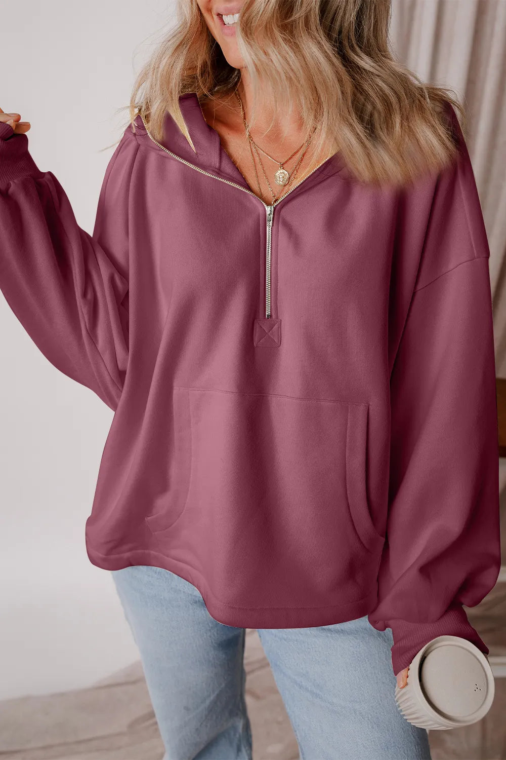 Pocketed Half Zip Dropped Shoulder Hoodie (17)