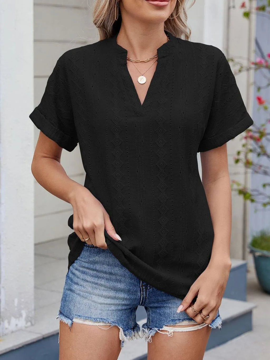 Eyelet Notched Short Sleeve Top (9)
