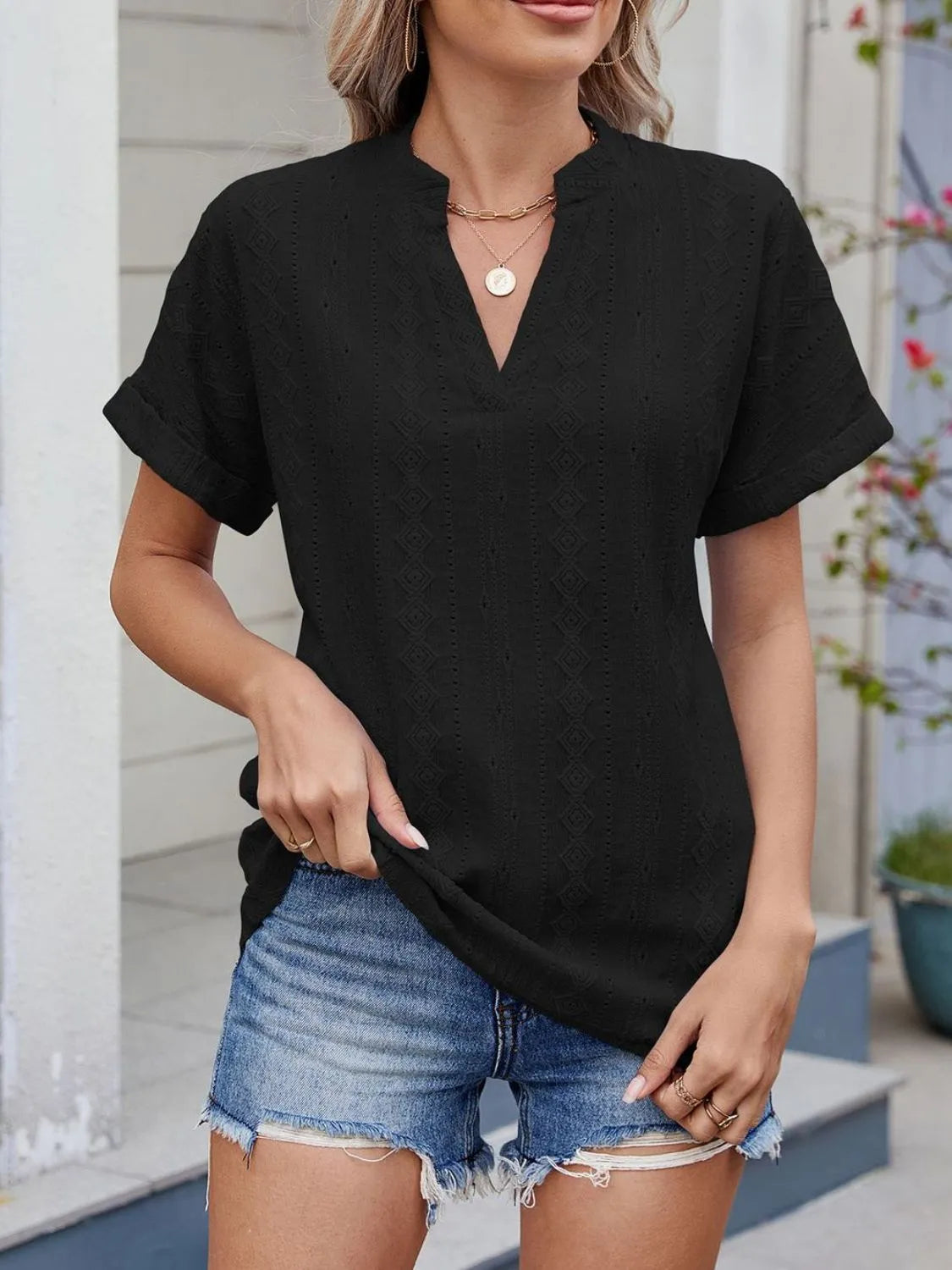 Eyelet Notched Short Sleeve Top (9)