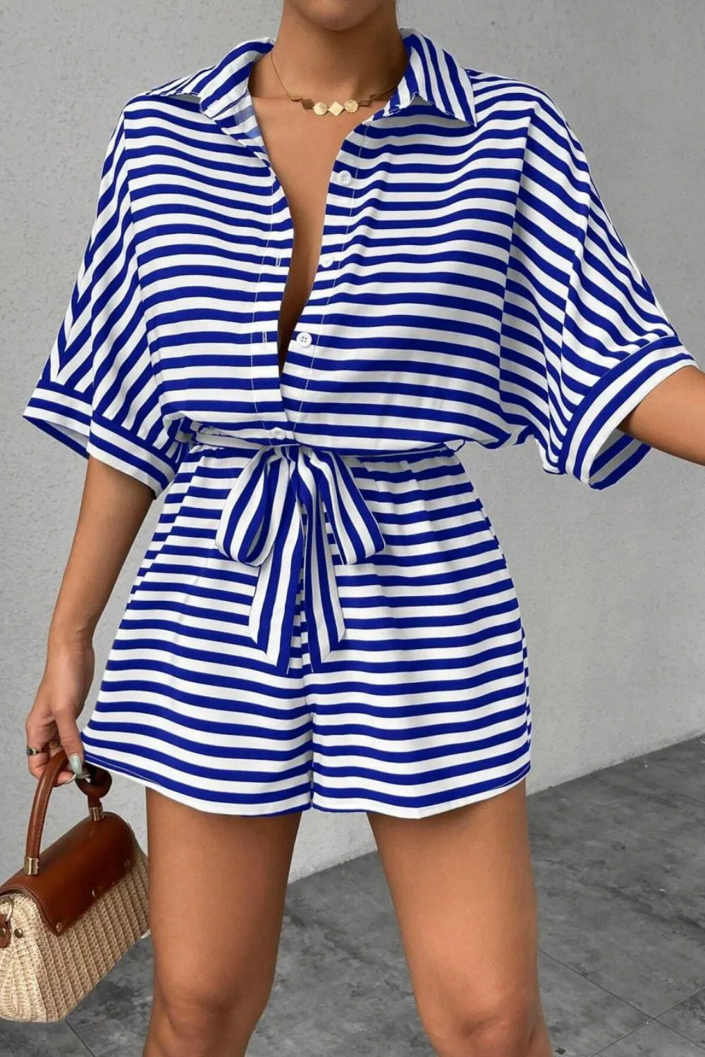 Striped Collared Neck Tie Waist Romper (6)