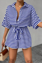 Striped Collared Neck Tie Waist Romper (6)