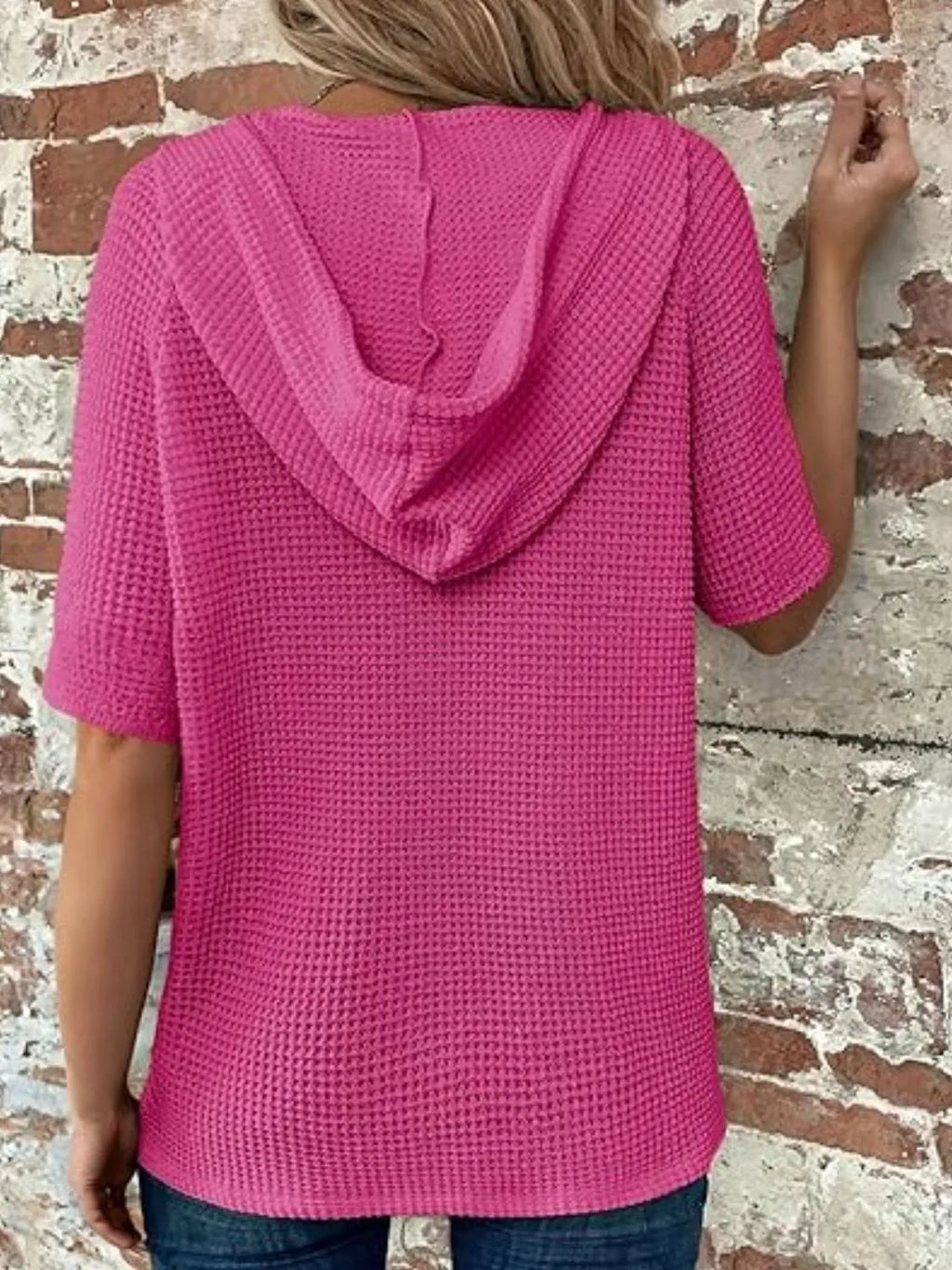 Drawstring Waffle-knit Short Sleeve Hooded Top (21)