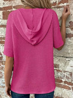 Drawstring Waffle-knit Short Sleeve Hooded Top (21)