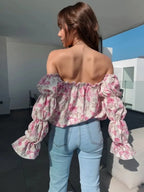 Printed Off-shoulder Flounce Sleeve Blouse (6)