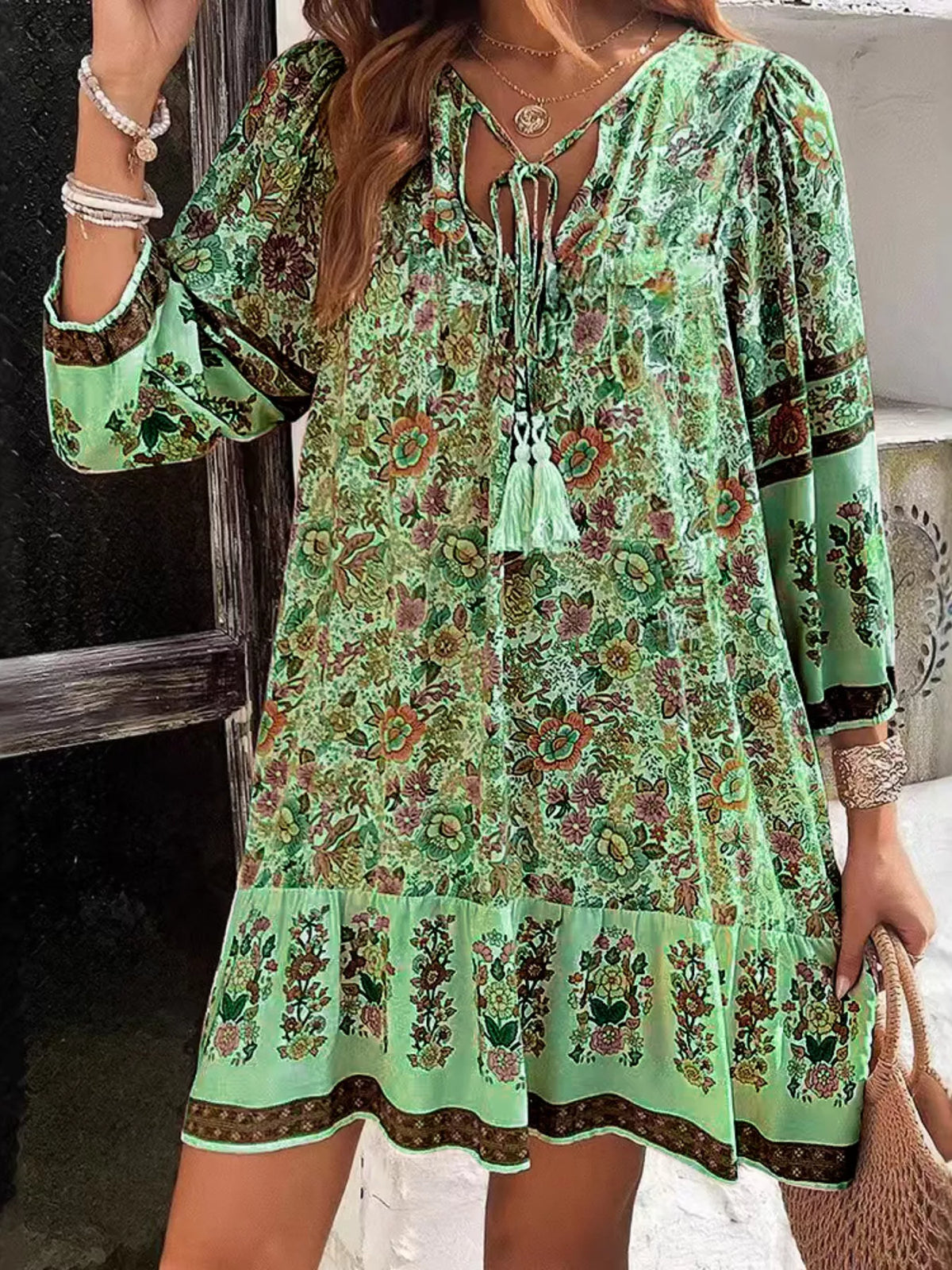 Floral Print Tassel Tie Neck Mini Dress (11)