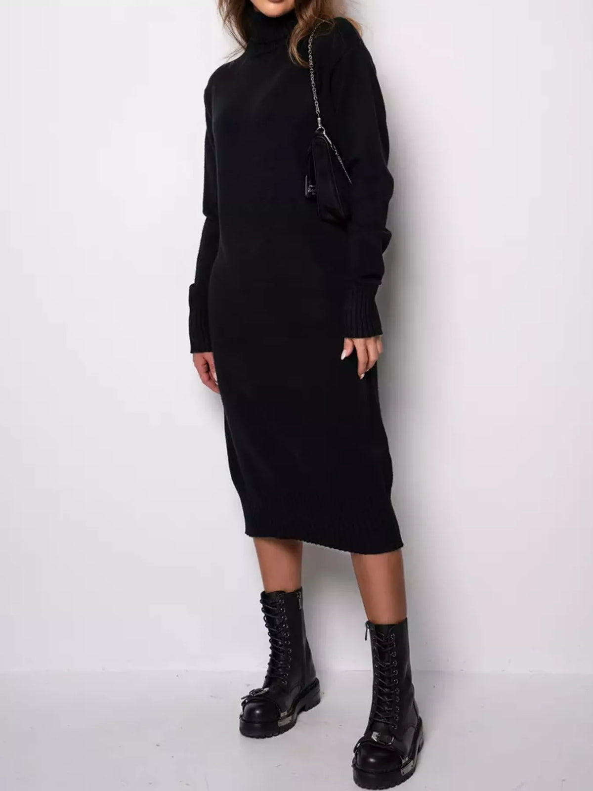 Turtleneck Ribbed Knit Sweater Dress (5)