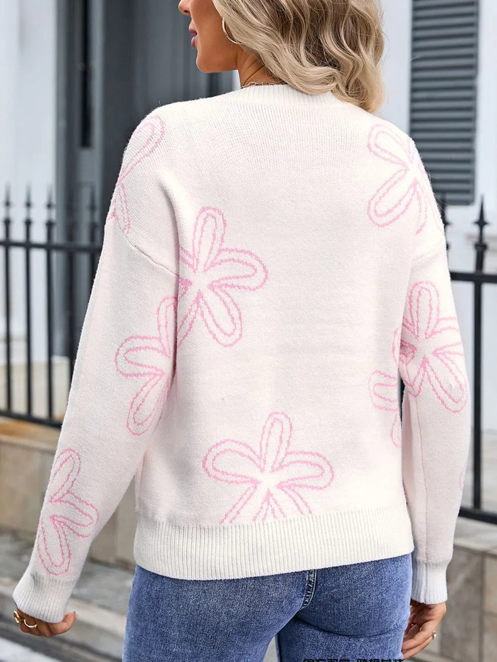 Flower Round Neck Dropped Shoulder Sweater (2)