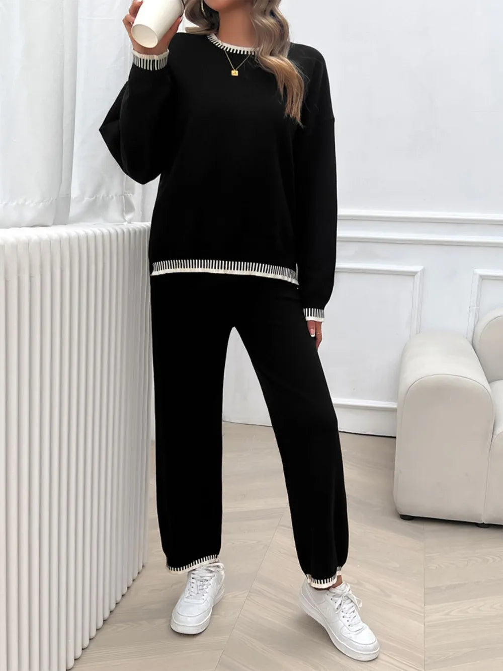 Round Neck Dropped Shoulder Top Pants Sweater Set (25)