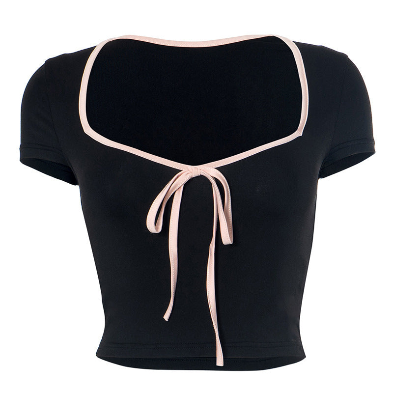 Square Collar Contrast Short Sleeve Top photo 4