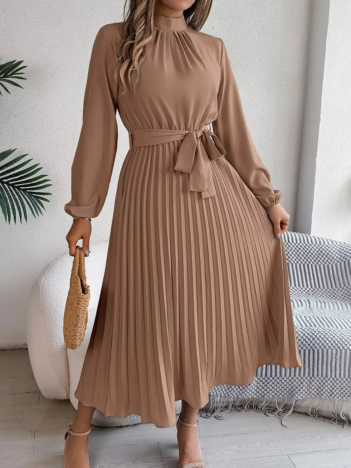 Mock Neck Pleated Midi Dress (3)