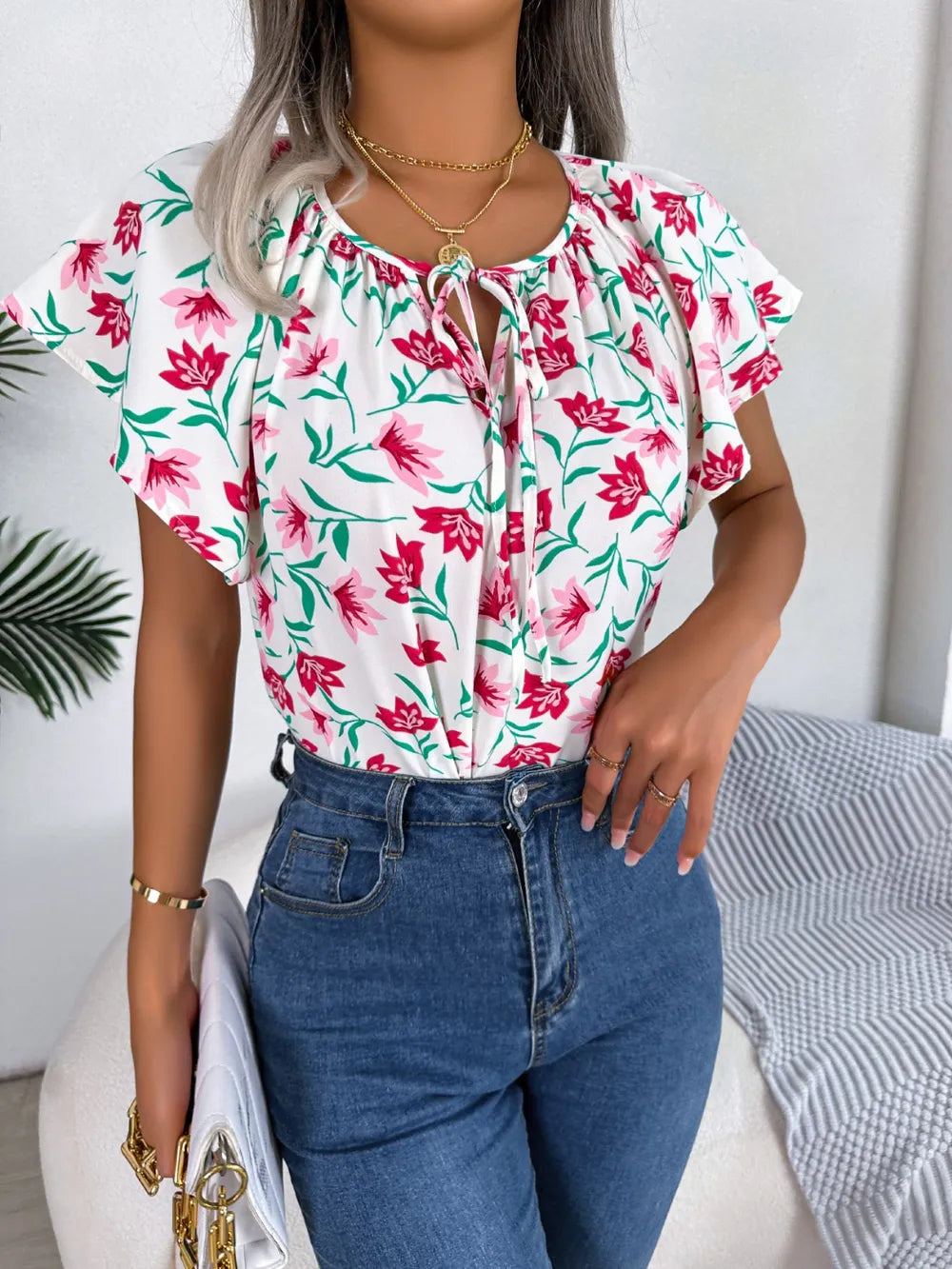 Floral Tie Neck Flutter Sleeve Blouse (16)