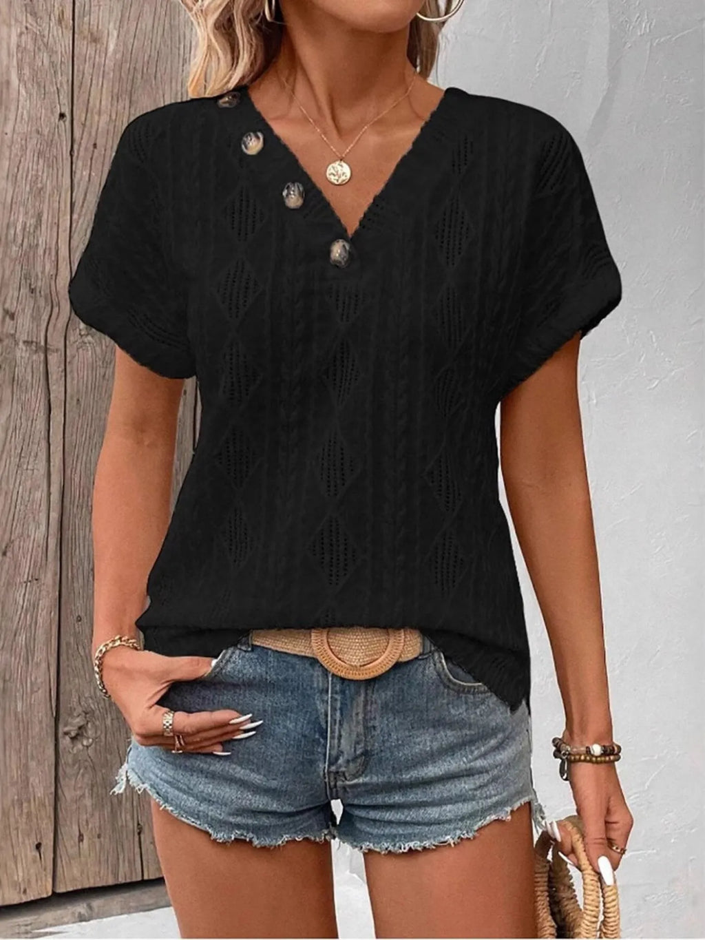 Textured V-neck Short Sleeve Top (4)