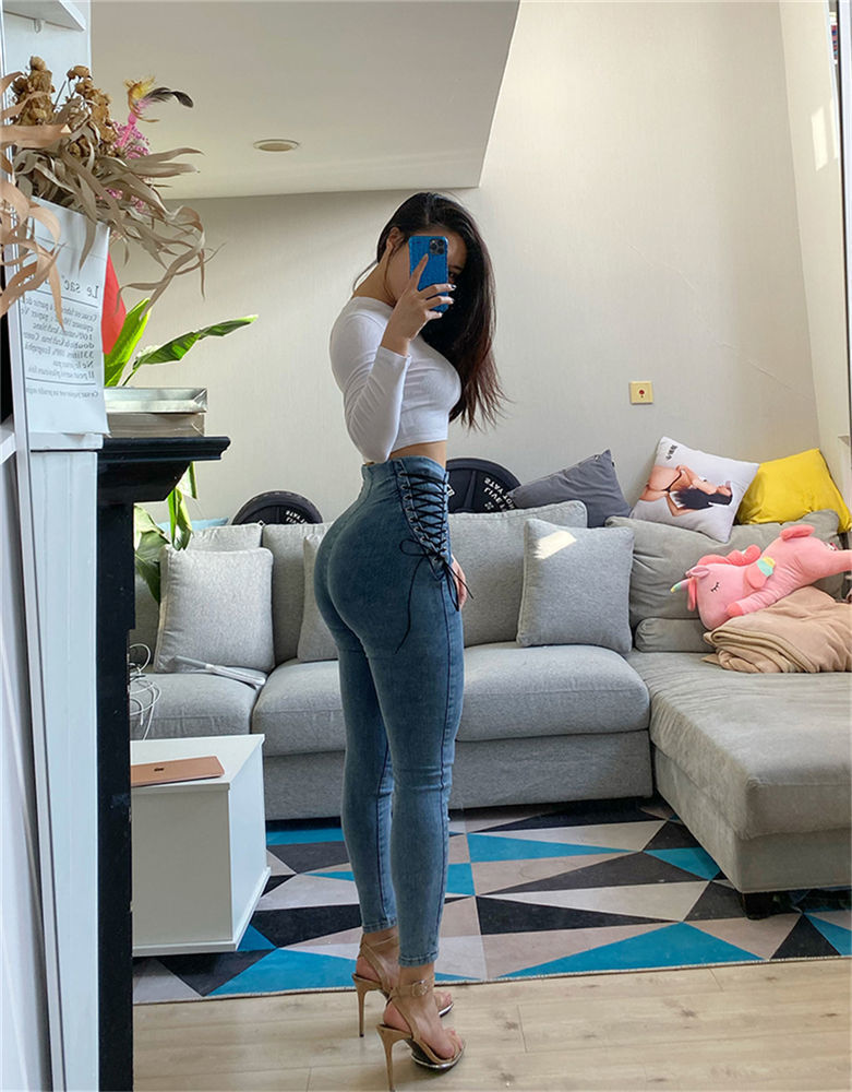 Cross Lace-up Waist-controlled Jeans on Both Sides photo 3