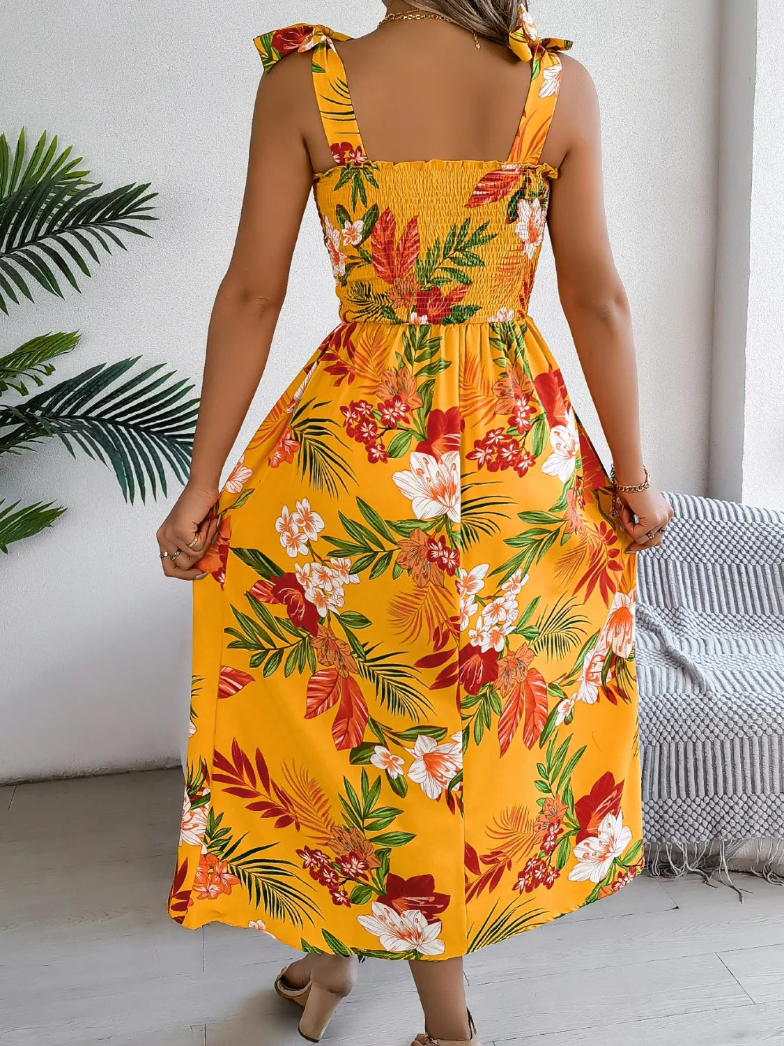 Smocked Floral Tie Shoulder Midi Dress (8)