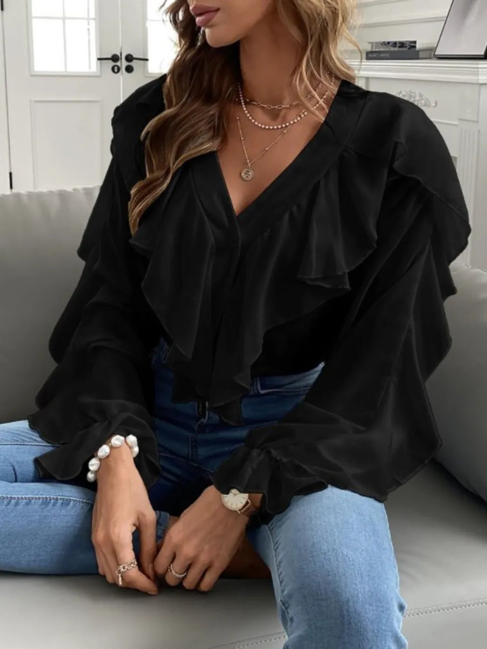 Full Size Ruffled V-neck Button Down Flounce Sleeve Blouse (4)