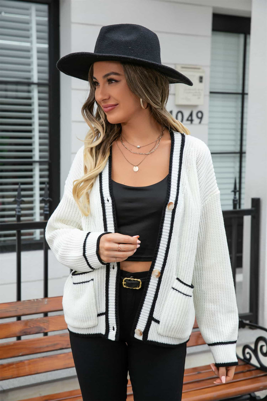 Waffle Knit V-neck Cardigan Pocket (8)