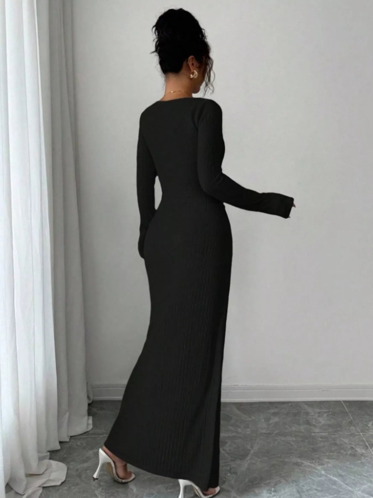 Slit Asymmetrical Neck Ribbed Maxi Dress (8)