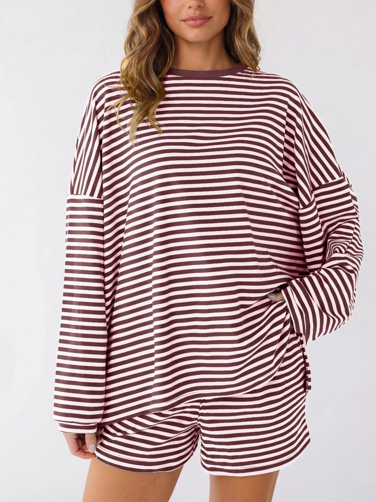 Casual Striped Long Sleeve Top Shorts Set (8)
