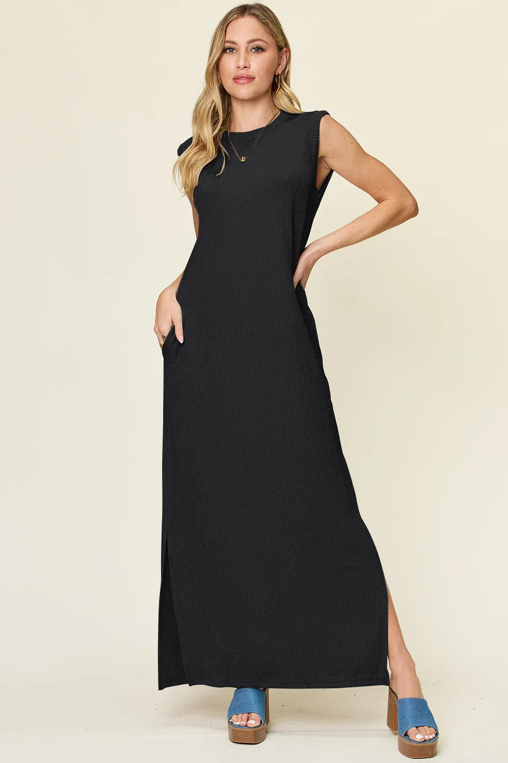 Full Size Texture Mock Neck Sleeveless Maxi Dress (8)