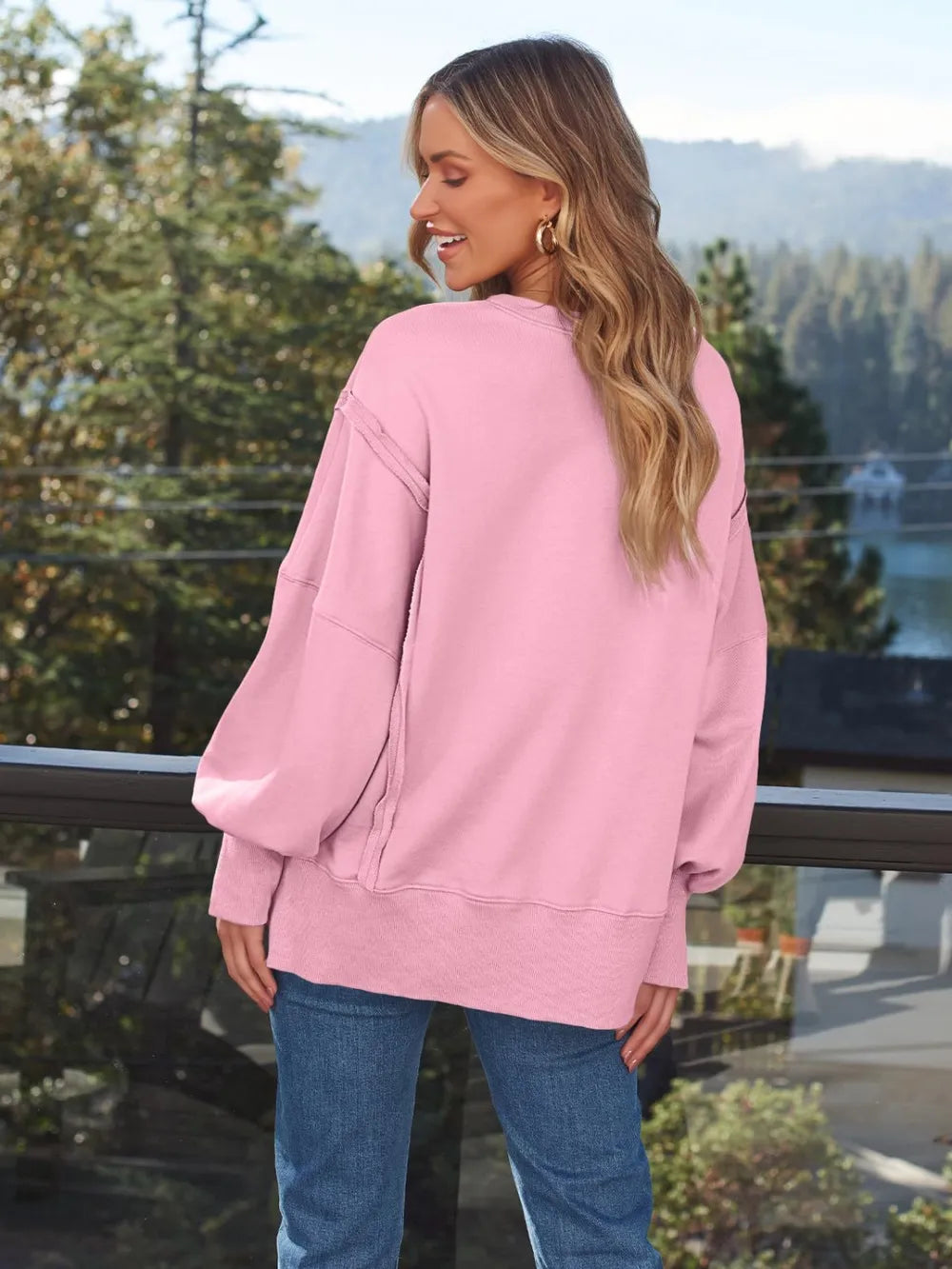 Slit Round Neck Long Sleeve Sweatshirt (14)