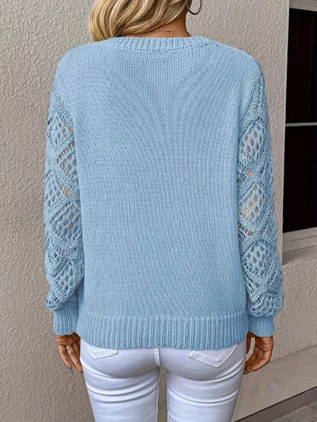 Openwork V-neck Long Sleeve Sweater (25)