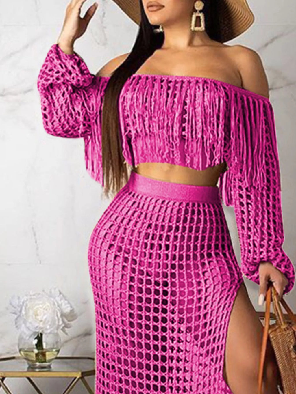 Full Size Crochet Off-shoulder Fringe Top Skirt Set Plus (14)