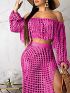 Full Size Crochet Off-shoulder Fringe Top Skirt Set Plus (14)