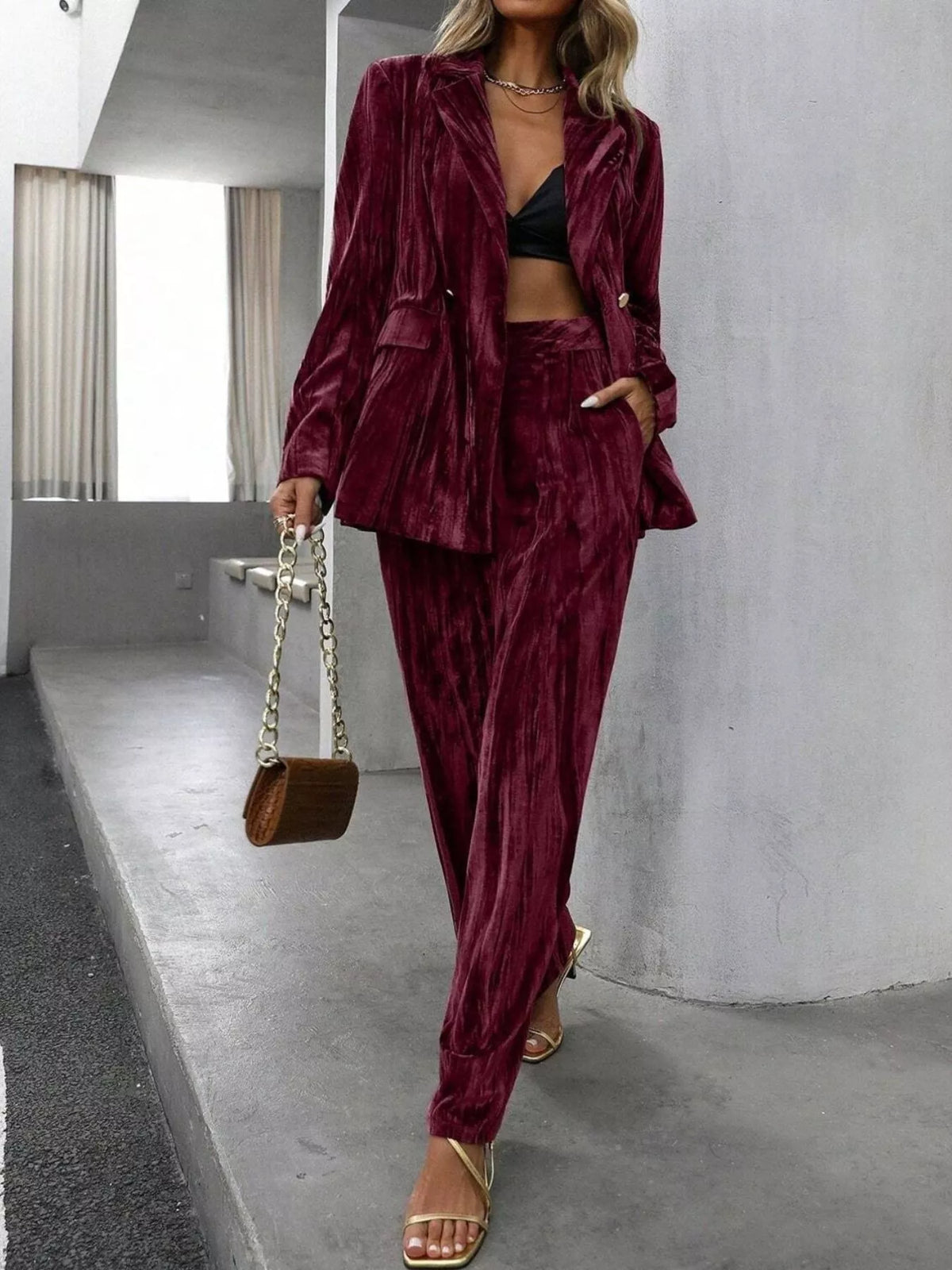 Lapel Collar Long Sleeve Blazer Pants Set (13)