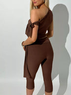 Tied One Shoulder Top Capris Set (11)
