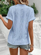 Openwork Notched Short Sleeve Blouse (5)