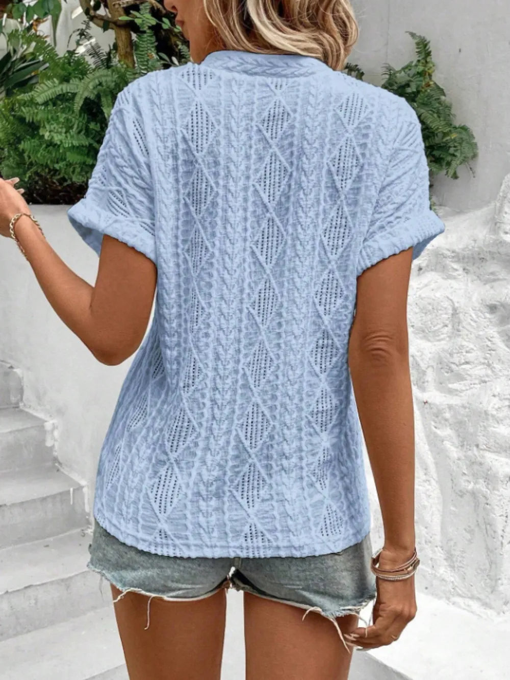 Openwork Notched Short Sleeve Blouse (5)