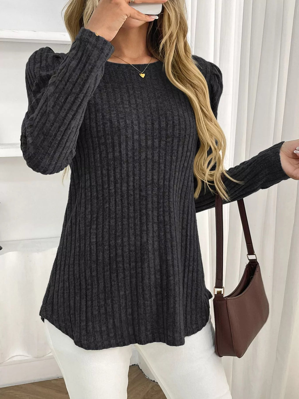 Round Neck Puff Sleeve T-shirt (9)