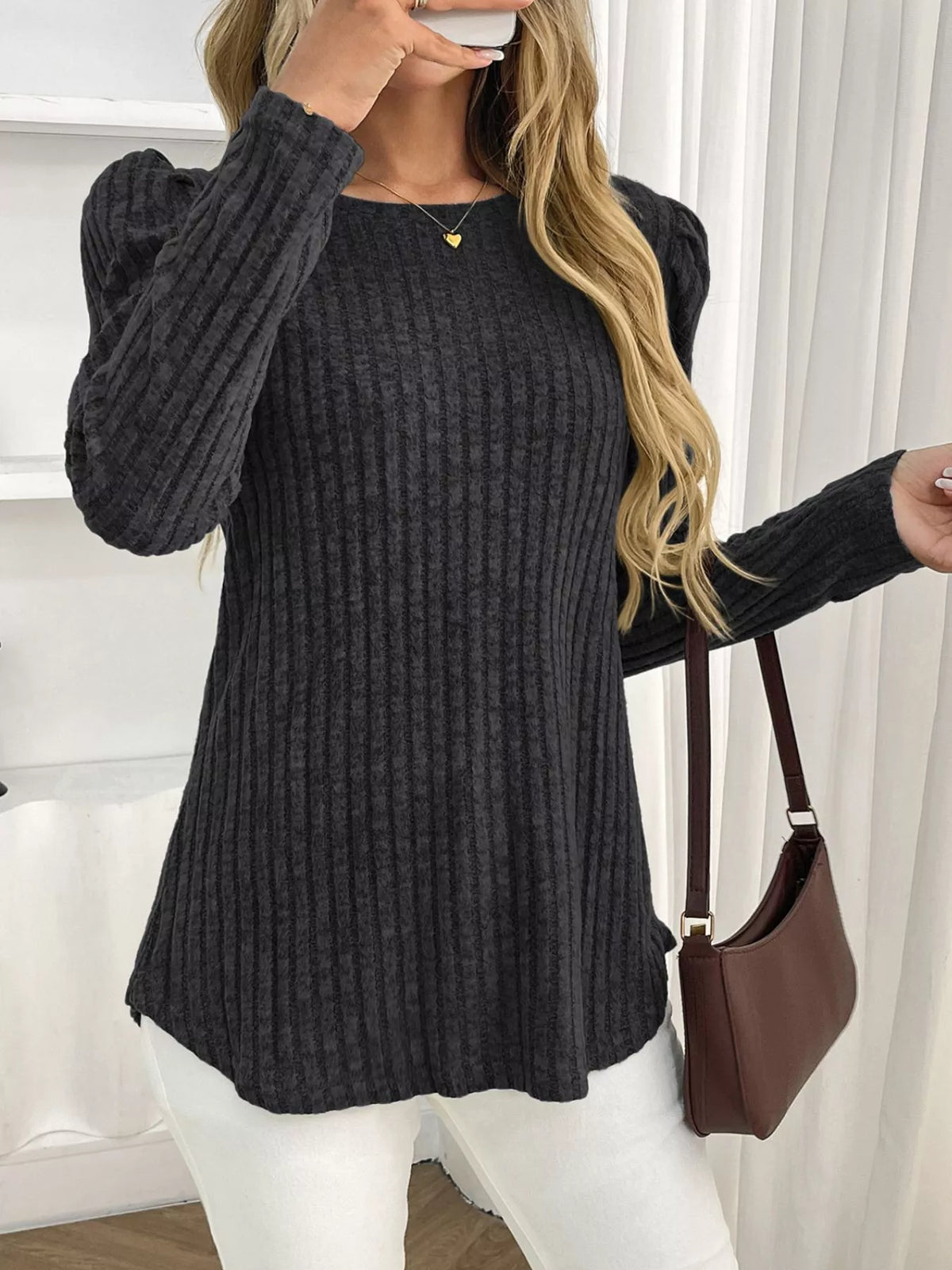 Round Neck Puff Sleeve T-shirt (9)