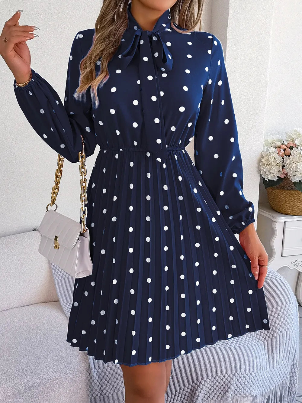 Polka Dot Tie Neck Pleated Dress (12)