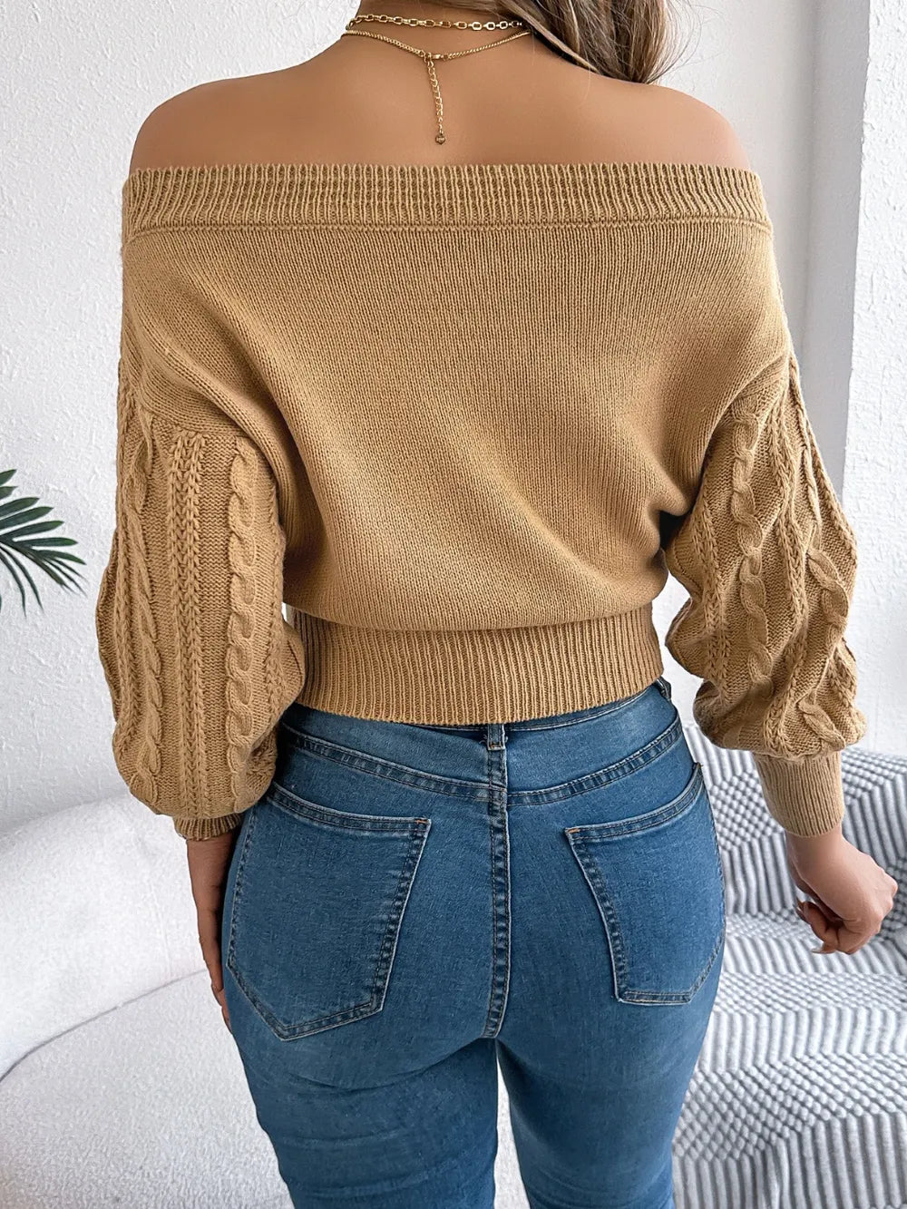 Cable Knit Off-shoulder Long Sleeve Sweater (4)