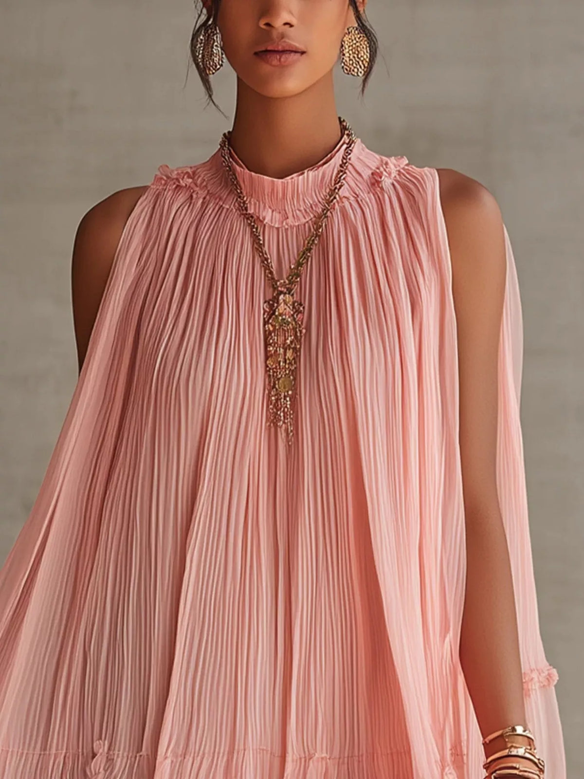 Pleated Mock Neck Sleeveless Mini Dress (3)